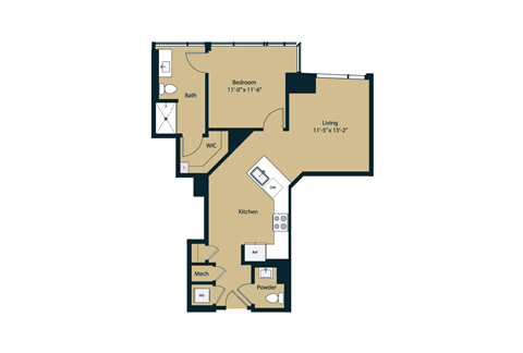 Floor plan for 1 bed, 1.5 baths, 727 sqft